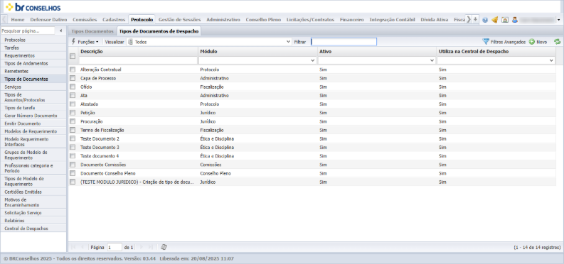 Listagem do submenu *Tipos de Documentos*, do módulo Protocolo, com a aba *Tipos de Documentos de Despacho* selecionada (a outra aba é *Tipos Documentos*). Colunas: Descrição, Módulo, Ativo e Utiliza na Central de Despacho. Os 14 registros visíveis incluem Alteração Contratual (módulo Protocolo), Capa de Processo (Administrativo), Ofício (Fiscalização), Ata (Administrativo), Atestado (Protocolo), Petição (Jurídico, em destaque laranja), Procuração (Jurídico, em destaque laranja), Termo de Fiscalização (Fiscalização), Teste Documento 2 (Ética e Disciplina), Teste Documento 3 (Ética e Disciplina), Teste documento 4 (Ética e Disciplina), Documento Comissões (Comissões), Documento Conselho Pleno (Conselho Pleno) e (TESTE MODULO JURIDICO) - Criação de tipo de docu... (Jurídico). Todos os registros apresentam Sim nas colunas Ativo e Utiliza na Central de Despacho. Botões na barra superior: *Funções*, *Visualizar*, *Filtrar*, *Filtros Avançados* e *Novo*. Barra inferior indica "1 - 14 de 14 registros".