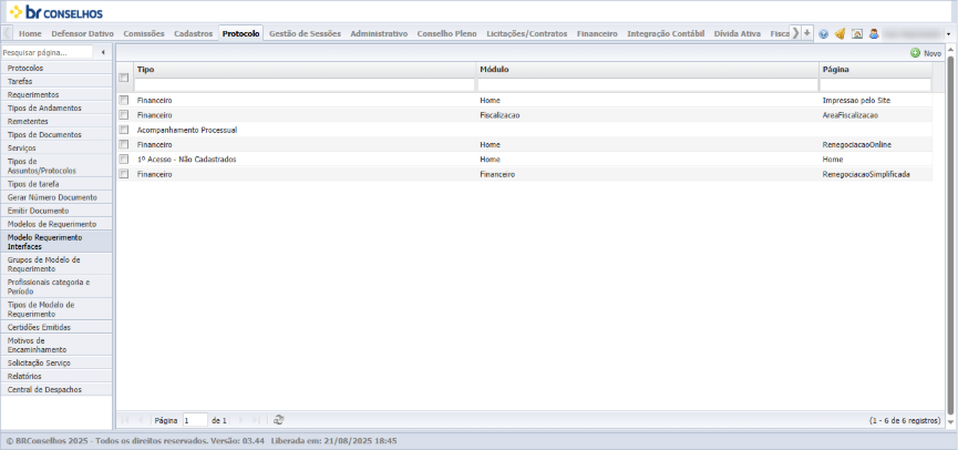 Listagem do submenu *Modelo Requerimento Interfaces*, do módulo Protocolo, exibida ao acessar Protocolo > Modelo de Requerimento Interface. Colunas: Tipo, Módulo e Página. Seis registros visíveis: Financeiro (módulo Home, página Impressao pelo Site), Financeiro (módulo Fiscalizacao, página AreaFiscalizacao), Acompanhamento Processual (sem módulo nem página), Financeiro (módulo Home, página RenegociacaoOnline), 1º Acesso - Não Cadastrados (módulo Home, página Home) e Financeiro (módulo Financeiro, página RenegociacaoSimplificada). Botão *Novo* no canto superior direito. Barra inferior indica "1 - 6 de 6 registros". Menu lateral do módulo Protocolo com o item *Modelo Requerimento Interfaces* selecionado.