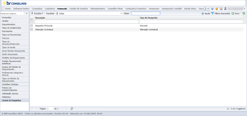 Listagem do submenu *Central de Despachos*, do módulo Protocolo, exibindo os despachos cadastrados. Colunas: Descrição e Tipo de Despacho. Dois registros: *Despacho Protocolo* (Tipo de Despacho: Atestado) e *Alteração Contratual* (Tipo de Despacho: Alteração Contratual). Botões na barra superior: *Funções*, *Visualizar*, *Filtrar*, *Ajuda*, *Filtros Avançados* e *Novo*. Barra inferior indica "1 - 2 de 2 registros". Menu lateral do módulo Protocolo com o item *Central de Despachos* selecionado.