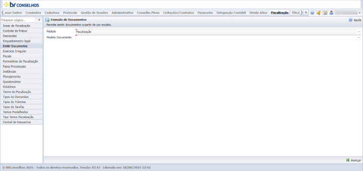 Tela do submenu *Emitir Documentos* — *Emissão de Documentos* (subtítulo "Permite emitir documentos a partir de um modelo."), do módulo Fiscalização. A tela apresenta dois campos: Módulo (preenchido com Fiscalização) e Modelo Documento (em branco, com ícone de busca para abrir a lista de modelos disponíveis). Botão *Avançar* no canto inferior direito da tela. Botão *Ajuda* no canto superior direito. Menu lateral do módulo Fiscalização com o item *Emitir Documentos* selecionado.
