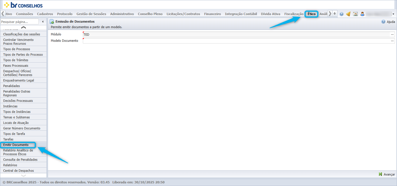 Tela do submenu *Emitir Documento* — *Emissão de Documentos* (subtítulo "Permite emitir documentos a partir de um modelo."), do módulo Ético, com anotações pedagógicas em retângulos e setas azuis: retângulo azul sobre a aba *Ético* na barra de menu superior, retângulo azul sobre o item *Emitir Documento* no menu lateral, e setas azuis diagonais apontando para ambos os destaques. A tela apresenta dois campos: Módulo (preenchido com TED, com indicador de obrigatoriedade) e Modelo Documento (com indicador de obrigatoriedade). Botão *Avançar* no canto inferior direito. Botão *Ajuda* no canto superior direito.