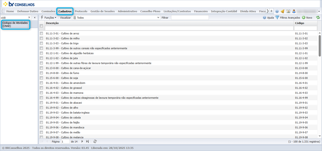 Listagem da funcionalidade Códigos de Atividades (CNAE) no módulo Cadastros, com destaque azul nos itens Cadastros (menu superior) e Códigos de Atividades (CNAE) (menu lateral). Tabela exibe colunas Descrição e Código. Registros visíveis incluem códigos CNAE de cultivo agrícola: 01.11-3-01 - Cultivo de arroz, 01.11-3-02 - Cultivo de milho, 01.11-3-03 - Cultivo de trigo, 01.11-3-99 - Cultivo de outros cereais não especificados anteriormente, 01.12-1-01 - Cultivo de algodão herbáceo, 01.12-1-02 - Cultivo de juta, 01.12-1-99 - Cultivo de outras fibras de lavoura temporária não especificadas anteriormente, 01.13-0-00 - Cultivo de cana-de-açúcar, 01.14-8-00 - Cultivo de fumo, 01.15-6-00 - Cultivo de soja, 01.16-4-01 - Cultivo de amendoim, 01.16-4-02 - Cultivo de girassol, 01.16-4-03 - Cultivo de mamona, 01.16-4-99 - Cultivo de outras oleaginosas, 01.19-9-01 a 01.19-9-08 (Cultivo de abacaxi, alho, batata-inglesa, cebola, feijão, mandioca, melão, melancia). Paginação no rodapé indica 1 a 100 de 1.331 registros, em 14 páginas.