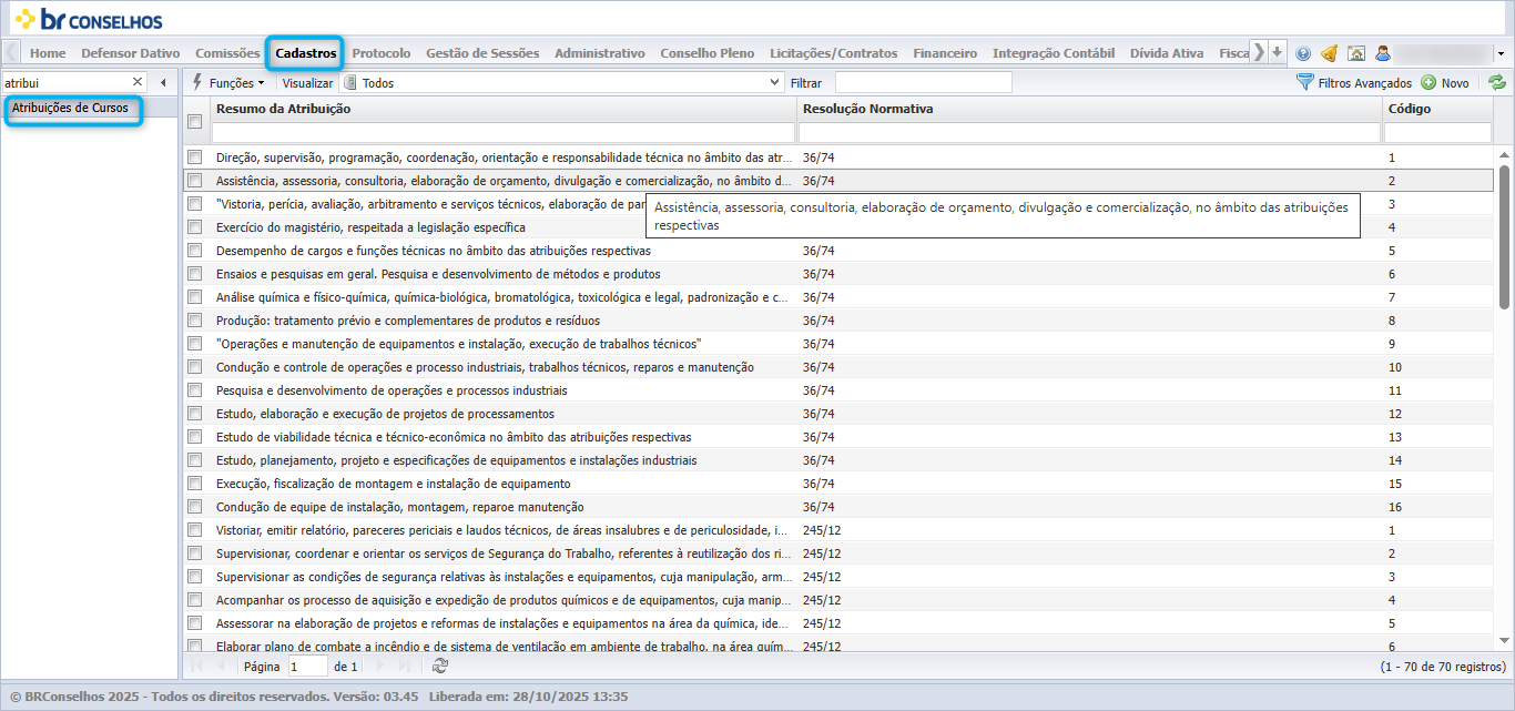 Listagem da funcionalidade Atribuições de Cursos no módulo Cadastros, com destaque azul nos itens Cadastros (menu superior) e Atribuições de Cursos (menu lateral). Tabela exibe colunas Resumo da Atribuição, Resolução Normativa e Código. Tooltip visível sobre o segundo registro mostrando descrição completa: "Assistência, assessoria, consultoria, elaboração de orçamento, divulgação e comercialização, no âmbito das atribuições respectivas". Registros visíveis vinculados às Resoluções Normativas 36/74 e 245/12, com atribuições profissionais como direção e supervisão técnica, vistoria/perícia/avaliação, exercício do magistério, desempenho de cargos e funções técnicas, ensaios e pesquisas, análise química e físico-química, produção, operações e manutenção de equipamentos, condução e controle de processos industriais, estudo de projetos de processamentos, estudo de viabilidade técnica e técnico-econômica, planejamento e projetos de equipamentos e instalações industriais, execução e fiscalização de montagem, supervisionar serviços de Segurança do Trabalho, acompanhar processos de aquisição de produtos químicos, assessorar elaboração de projetos. Rodapé indica 70 registros no total.