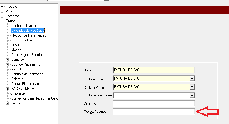 Cadastro de Unidades de Negócios