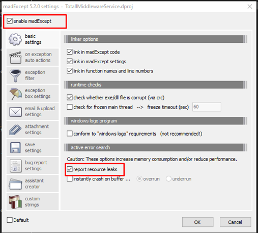 Configurações do madExcept