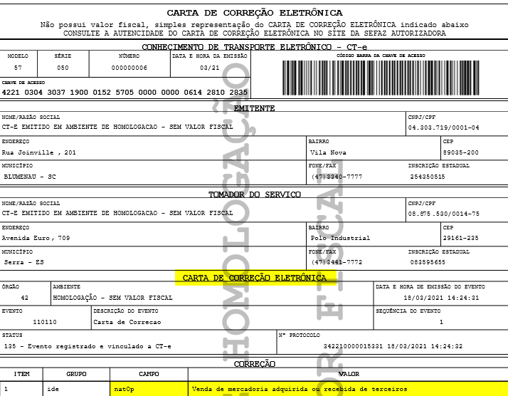 Vendas – Notas Fiscais Vendas – Geração de Carta de Correção CTe